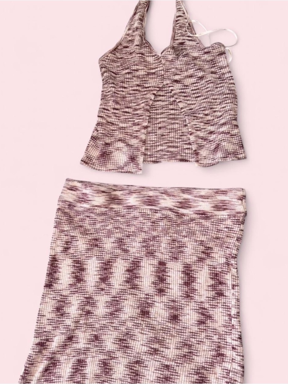 Brown Ribbed Halter Top & Skirt Set